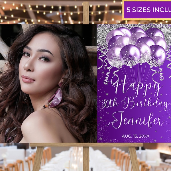 Editable Photo Template Purple Silver Balloons Happy Birthday Welcome Sign, Printable Party Poster, Editable Template, Instant Download