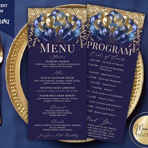 May include: Navy blue menu and program cards with gold and blue balloon graphics. The menu lists starters, main courses, desserts, and drinks. The program outlines the order of events. The text "Jennifer's 30th Birthday" is visible.