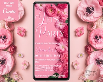 Digital Let's Party Pink Floral Birthday Party Invitation, Electronic Phone Text Message Email Evite, Editable Template, Instant Download