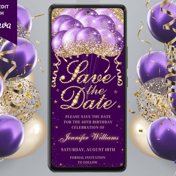 Digital Save The Date Birthday Party Purple Gold Diamond Balloon Invitation, Electronic Phone Evite, Editable Template, Instant Download