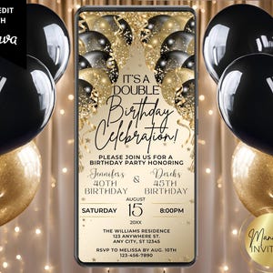 Digital Elegant Joint Double Birthday Party Glam Invitation, Black Gold Glitter Balloons, Text Evite, Editable Template, Instant Download