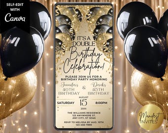 Digital Elegant Joint Double Birthday Party Glam Invitation, Black Gold Glitter Balloons, Text Evite, Editable Template, Instant Download