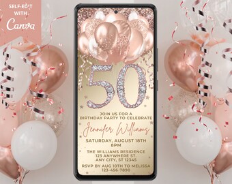 Digital 50th Birthday Diamond Pink Rose Gold Balloons Party Invitation, Electronic Phone Evite, Editable Template, Instant Download, RGD7