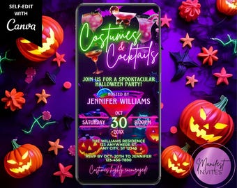Digital Adult Costumes and Cocktails Neon Halloween Party Invitation, Spooky Glow Party, Phone Evite, Editable Template, Instant Download