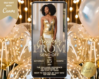 Digital Prom Send Off Photo Template Gold Diamonds Glam Invitation, Grad Party, Electronic Text Evite, Editable Template, Instant Download