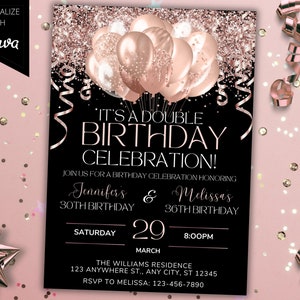 Modèle d'invitation modifiable de ballons scintillants roses en or rose pour fête d'anniversaire double, carte imprimable et Evite de téléphone, téléchargement immédiat