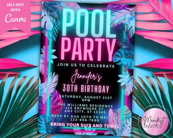 Editable Tropical Pool Party Birthday Party Invitation Template, Pink Teal Neon, Summer Party, Printable Invite, Instant Download, PTT2
