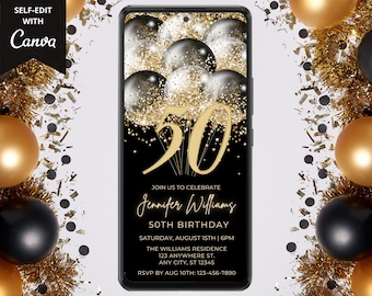 Electronic 50th Birthday Invitation, Digital Birthday Party Invitation, Black Gold, Editable Template, Mobile Text Evite, Instant Download