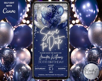 Digital Navy Blue Silver Balloons Neon Save The Date Invitation, Party Announcement, Phone Text Evite, Editable Template, Instant Download