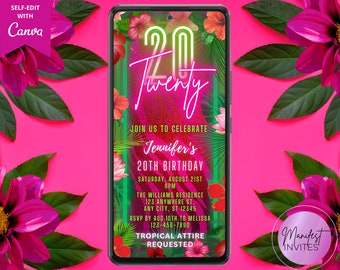 May include: A pink and green digital invitation for a 20th birthday party. The invitation features a tropical theme with palm leaves and flowers. The text on the invitation reads "Join us to celebrate Jennifer's 20th Birthday, Saturday, August 21st, 8PM, The Williams Residence, 123 Anywhere St., Any City, ST 12345, RSVP by Aug 10th to Melissa 123-456-7890, Tropical Attire Requested".