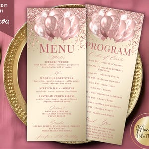 May include: A menu and program card set in rose gold and gold. The menu details starters, main courses, desserts, and drinks. The program lists the order of events. The text "SELF-EDIT WITH Canva" is visible on the top left.