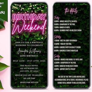 Electronic Pink Neon Greenery Birthday Weekend Invitation, Itinerary, Digital Schedule, Birthday Trip, Editable Template, Instant Download