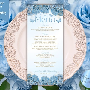 Plantilla editable de menú de cena y tarjeta de bebidas con flores azules y doradas para cumpleaños, baby shower, graduación, compromiso, despedida de soltera. Descarga instantánea. DM62