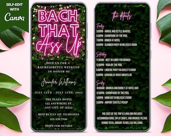 Electronic Bachelorette Weekend Invitation, Digital Bachelorette Weekend Itinerary, Pink Neon Greenery, Bach That Ass Up, Instant Download