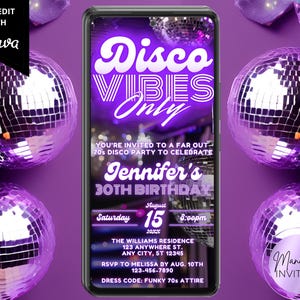 Digital Disco Vibes Only Purple Neon Disco Ball Birthday Party Invitation, 70s Theme Party, Text Evite, Editable Template, Instant Download