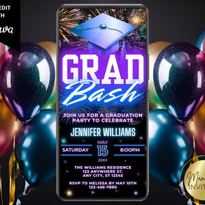 Digital Neon Graduation Bash Party Invitation, Graduation Announcement, Purple Blue Neon, Text Evite, Editable Template, Instant Download