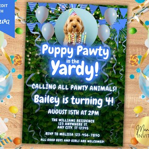 Faire-part photo modifiable Pupty in the Yardy Boy Dog Birthday Party, ballons bleus verdure, carte imprimable, téléchargement immédiat