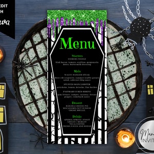 Bearbeitbare Halloween Party Abendessen Menüvorlage, Lila Grün Glitter Drip, druckbare Halloween Dinner Party Menü, Speisekarte, Sofort Download