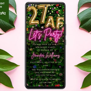 Digital Twenty Seven AF 27th Birthday Party Invitation, Electronic Phone Text Evite, Floral Greenery, Editable Template, Instant Download