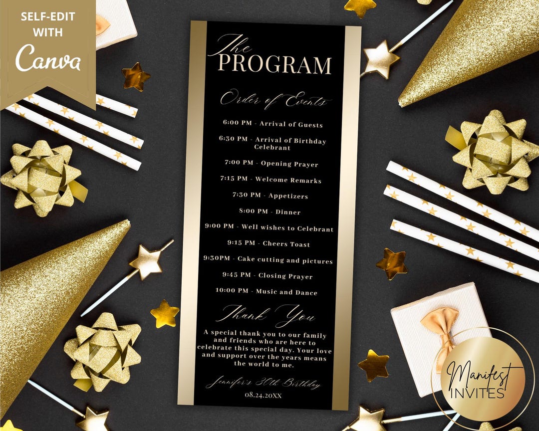 Editable Black Gold Birthday Party Program With Thank You Card, Modern ...