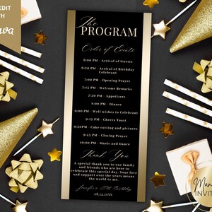 May include: A black and gold birthday program with the text "The Program" and "Order of Events". The program includes a schedule of events, a thank you message, and the text "Jennifer's 30th Birthday". The image also includes gold party decorations.