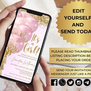 May include: A pink and gold digital invitation for a baby shower. The invitation features a pink and gold balloon design with the text "It's a Girl!" and the words "Please join us for a baby shower honouring Jennifer Williams".