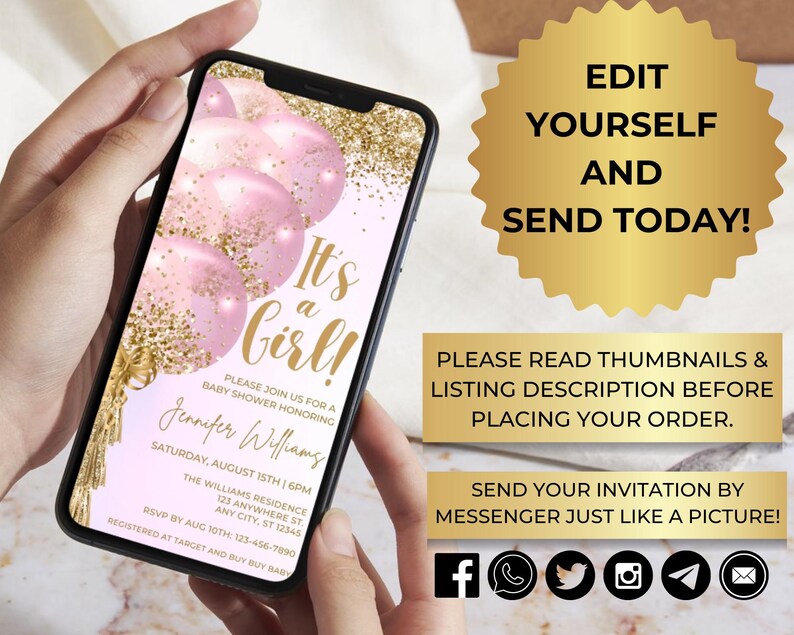 May include: A pink and gold digital invitation for a baby shower. The invitation features a pink and gold balloon design with the text "It's a Girl!" and the words "Please join us for a baby shower honouring Jennifer Williams".