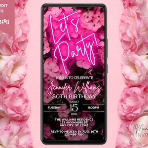 Digital Let&#39;s Party Pink Neon Floral Birthday Invitation, Electronic Mobile Phone Text Evite, Editable Template, Instant Download, PF01