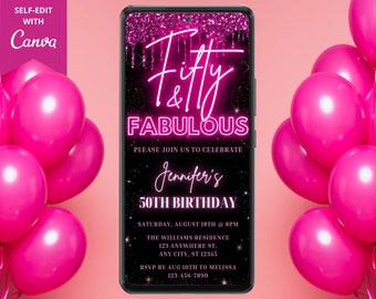 Digital Fifty Fabulous 50th Birthday Party Invite, Electronic Phone Evite, Neon Pink Glitter Drip, Editable Template, Instant Download, PGD7