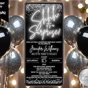 Digital Shhh It&#39;s a Surprise Black Silver Neon Glitter Glam Birthday Party Invitation, Phone Evite, Editable Template, Instant Download