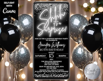 Digital Shhh It&#39;s a Surprise Black Silver Neon Glitter Glam Birthday Party Invitation, Phone Evite, Editable Template, Instant Download