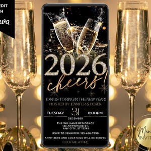 Invito digitale glamour per la festa di Capodanno Cheers 2026, Black Gold Diamond Champagne, invito telefonico, modello Canva modificabile, download immediato