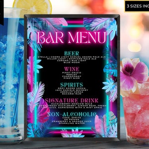 Modèle de menu modifiable de bar néon tropical rose sarcelle, signe de cocktail de boisson signature imprimable, signe de table, piscine Luau, téléchargement immédiat, PTT2