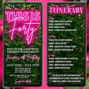 Digital This is Forty 40th Birthday Party Weekend Invitation Template, Itinerary Schedule Phone Evite, Pink Neon Greenery, Instant Download