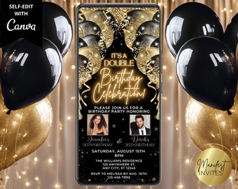 Digital Elegant Double Birthday Party Glam Photo Invitation, Black Gold Glitter Balloons, Phone Evite, Editable Template, Instant Download