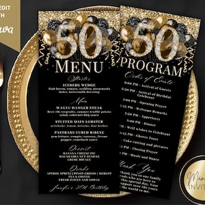 May include: Black and gold 50th birthday menu and program cards. The menu lists starters, main courses, desserts, and drinks. The program outlines the order of events. The cards are on a gold-rimmed plate with gold cutlery.