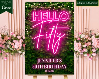 Editable Hello Fifty 50th Birthday Party Welcome Sign, Printable Welcome Poster, Pink Neon Greenery, Canva Template, Instant Download