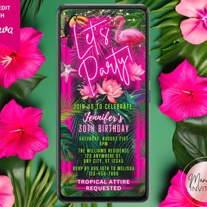 Digital Let&#39;s Party Tropical Pink Neon Birthday Party Invitation, Jungle Safari, Electronic Phone Evite, Editable Template, Instant Download