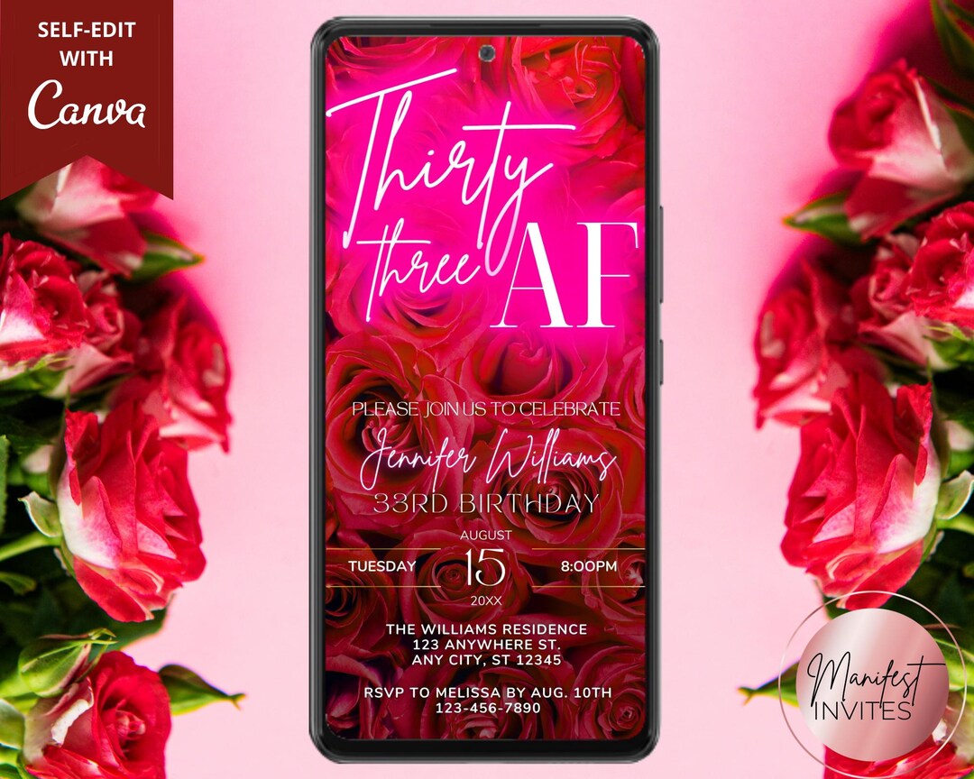 Digital 33 AF 33rd Birthday Pink Neon Red Floral Roses Party Invitation ...