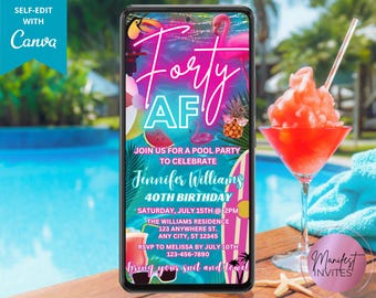 Digital Forty AF 40th Birthday Pool Party Invitation, Neon Tropical Summer Beach Luau BBQ Party, Phone Text Evite, Editable Canva Template