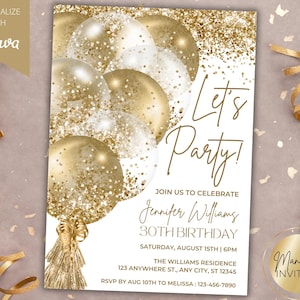 Bewerkbare Let's Party witgoud glitter ballonnen Glam verjaardagsuitnodiging, afdrukbare verjaardagskaart, canvas sjabloon, Instant Download