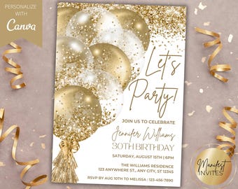Editable Let's Party White Gold Glitter Balloons Glam Birthday Party Invitation, Printable Birthday Card, Canva Template, Instant Download