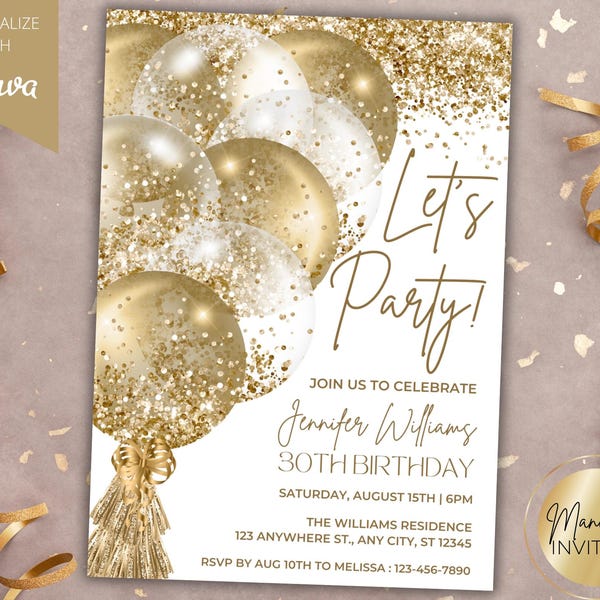 Editable Let's Party White Gold Glitter Balloons Glam Birthday Party Invitation, Printable Birthday Card, Canva Template, Instant Download