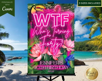 Editable Tropical Pink Neon 40th Birthday Welcome Sign, WTF Who's Turning Forty, Summer Beach Pool Jungle Decor, Printable Canva Template