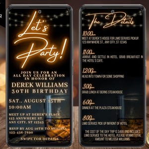 Digitale Männer Geburtstag Let's Party Whisky 1 Tag Details Reiseplan Einladung, Telefontext Evite, bearbeitbare Vorlage, Sofort Download, WM42