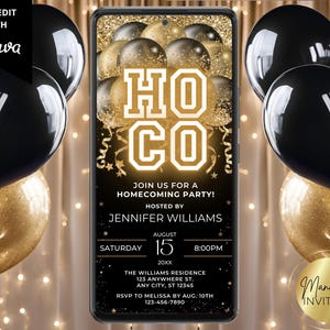 Digital Homecoming Celebration Party Black Gold Balloons Invitation, After Party, Phone Text Evite, Editable Template, Instant Download