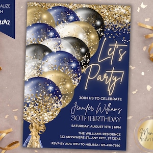 Editable Let&#39;s Party Navy Blue Gold Glitter Balloons Glam Birthday Party Invitation, Printable Card, Canva Template, Instant Download
