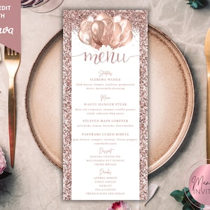 Bewerkbare roségouden glitterballonnen diner menukaart verjaardag, afdrukbare evenementmenu en drankkaart, bewerkbare sjabloon, direct downloaden