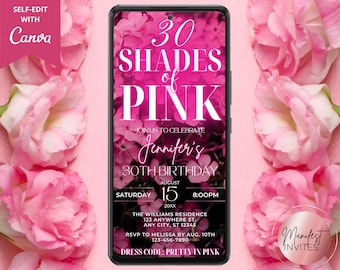 Digital Any Age Shades of Pink Birthday Party Invitation, Electronic Text Evite, Pink Neon Floral, Editable Template, Instant Download, PF01