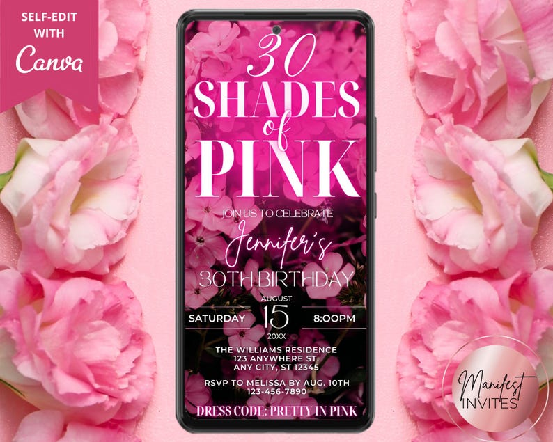 Digital Any Age Shades of Pink Birthday Party Invitation, Electronic Text Evite, Pink Neon Floral, Editable Template, Instant Download, PF01 image 1